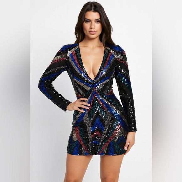EXPRESS 🖤💙 Multicolor Sequins Mini Dress, Long Sleeves (small) - Picture 3 of 11